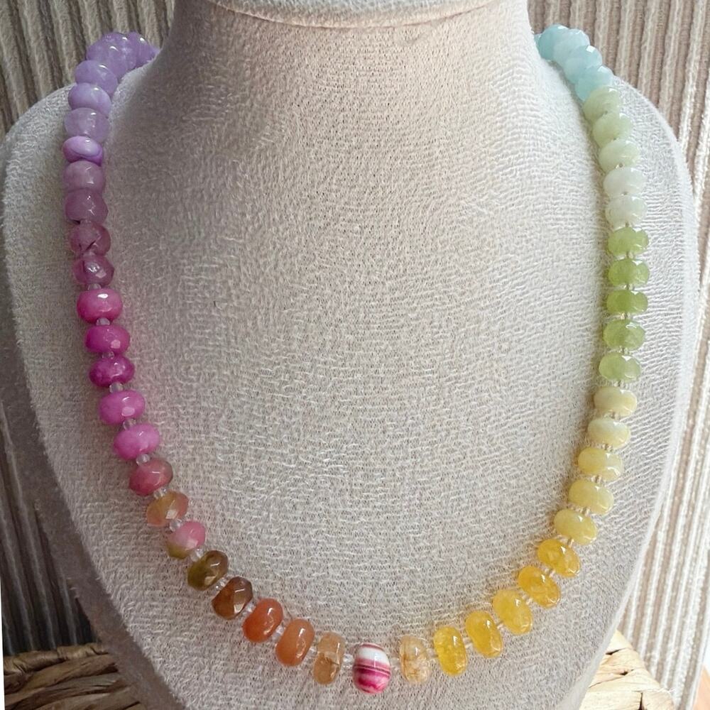 20" Ombre Rainbow Pastel Beaded Gemstone Necklace, Semi-Precious, Gold Tone